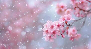 Cherry Blossom Branches Covered in Soft Snowflakes in a Serene Spring Afternoon photo