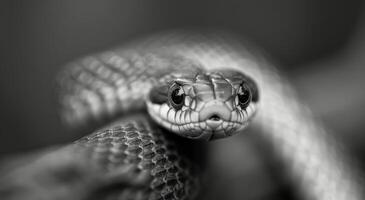 Close-Up of a Snake's Head in Black and White, Displaying Intricate Scales and Features photo