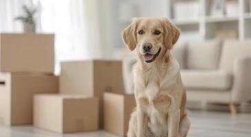 Happy Golden Retriever in New Home Surrounded by Moving Boxes photo