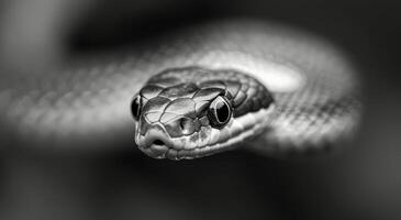 Close-Up of a Snake's Head in Black and White, Displaying Intricate Scales and Features photo