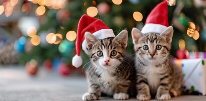 Three Playful Kittens in Christmas Hats Surrounding a Decorated Tree photo
