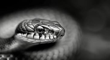 Close-Up of a Snake's Head in Black and White, Displaying Intricate Scales and Features photo