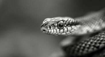 Close-Up of a Snake's Head in Black and White, Displaying Intricate Scales and Features photo