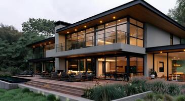 Modern Architectural Home With Pool at Dusk in Tranquil Setting photo