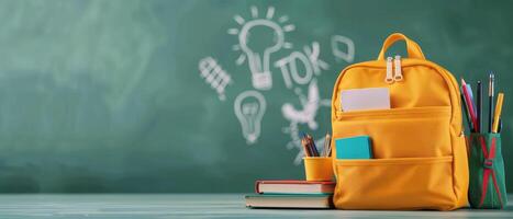 Bright Yellow Backpack On Desk In Classroom With Whiteboard And School Supplies photo
