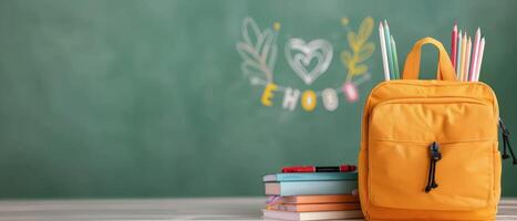 Bright Yellow Backpack On Desk In Classroom With Whiteboard And School Supplies photo