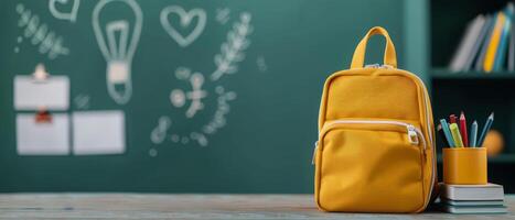 Bright Yellow Backpack On Desk In Classroom With Whiteboard And School Supplies photo