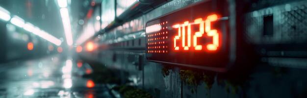 Digital Countdown Timer Displaying 2025 in a Dark, Wet Urban Environment at Night photo