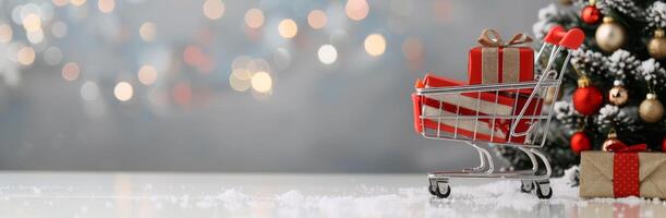 Holiday Shopping Cart With Gifts and Mini Tree Decorated for Christmas photo