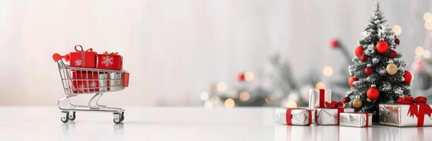 Holiday Shopping Cart With Gifts and Mini Tree Decorated for Christmas photo