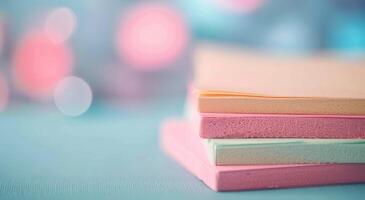 Colorful Foam Sheets Stacked on a Turquoise Surface With Soft Background photo