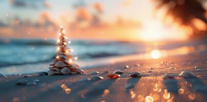 Seashell Tower on Sandy Beach at Sunset With Glimmering Ocean Waves photo