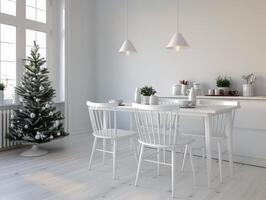 Modern Kitchen With White Cabinets And Christmas Tree Decorated For The Holidays photo