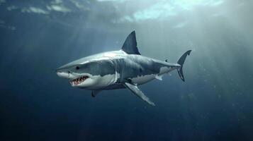 Great White Shark Swimming Gracefully in Deep Blue Ocean Waters photo