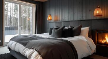 Cozy Modern Bedroom With Fireplace and Forest View at Dusk photo