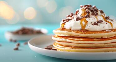 Stack of Pancakes Topped With Whipped Cream and Chocolate Chips on a Plate photo