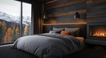 Cozy Modern Bedroom With Fireplace and Forest View at Dusk photo