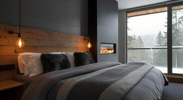 Cozy Modern Bedroom With Fireplace and Forest View at Dusk photo