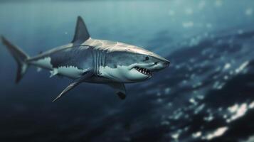Great White Shark Swimming Gracefully in Deep Blue Ocean Waters photo