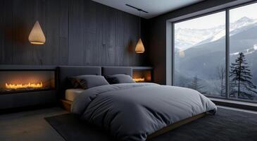 Cozy Modern Bedroom With Fireplace and Forest View at Dusk photo