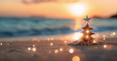 Decorative Christmas Tree on Sandy Beach at Sunset With Shimmering Lights photo