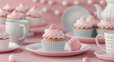 Pink Cupcake Display With Teacup and Decorations on a Pastel Table photo
