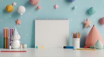 Colorful Pencils in Pink Mug on Desk With Flowers and Artwork in a Bright Room photo