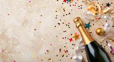 Champagne Bottle and Glass With Confetti photo