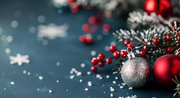 Christmas Ornaments on Evergreen Branches With Snowfall in Winter Setting photo