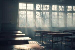 Sunlight Streaming Through Classroom Windows in Autumn photo