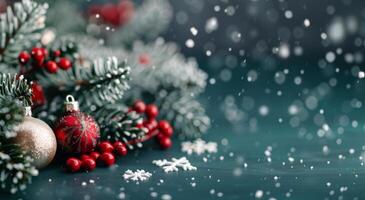 Christmas Ornaments on Evergreen Branches With Snowfall in Winter Setting photo