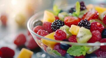 Fresh Fruit Salad With Berries and Melon in Clear Bowl on Table photo
