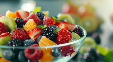 Fresh Fruit Salad With Berries and Melon in Clear Bowl on Table photo