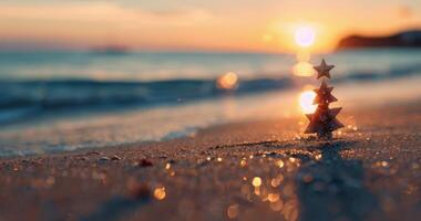 Decorative Christmas Tree on Sandy Beach at Sunset With Shimmering Lights photo