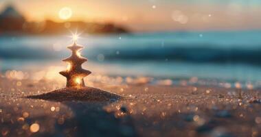 Decorative Christmas Tree on Sandy Beach at Sunset With Shimmering Lights photo