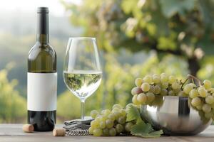 White Wine Bottle and Grapes on Table photo