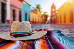 Straw Hat on Colorful Blanket in Front of Houses photo