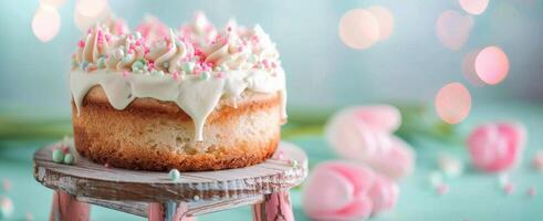 Pink Drip Cake With Flowers photo