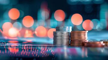 Silver Coins on Stock Chart Background photo