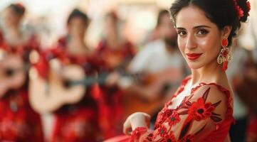 Woman in Red Dress Posing During Performance photo