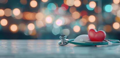 Red Heart and Stethoscope on Blue Background photo