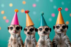 Five Meerkats Celebrate With Party Hats photo