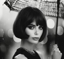 Woman With Bob Haircut Posing With Umbrella photo