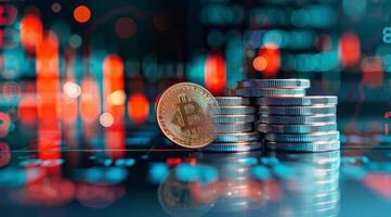 Cryptocurrency Coins Against Stock Market Chart photo