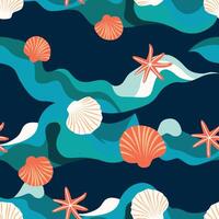 A captivating marine theme pattern featuring whimsical sea creatures, shells, and waves in vibrant colors, perfect for adding a playful and oceanic touch to any design project. vector