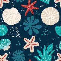 A captivating marine theme pattern featuring whimsical sea creatures, shells, and waves in vibrant colors, perfect for adding a playful and oceanic touch to any design project. vector