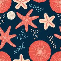 A captivating marine theme pattern featuring whimsical sea creatures, shells, and waves in vibrant colors, perfect for adding a playful and oceanic touch to any design project. vector