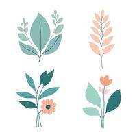 A charming set of 4 flowers and leaves, each intricately designed with vibrant colors and elegant lines, perfect for adding a touch of natural beauty and sophistication to any project. vector