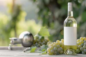 White Wine Bottle and Grapes on Table photo