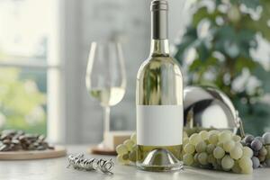 White Wine Bottle and Grapes on Table photo